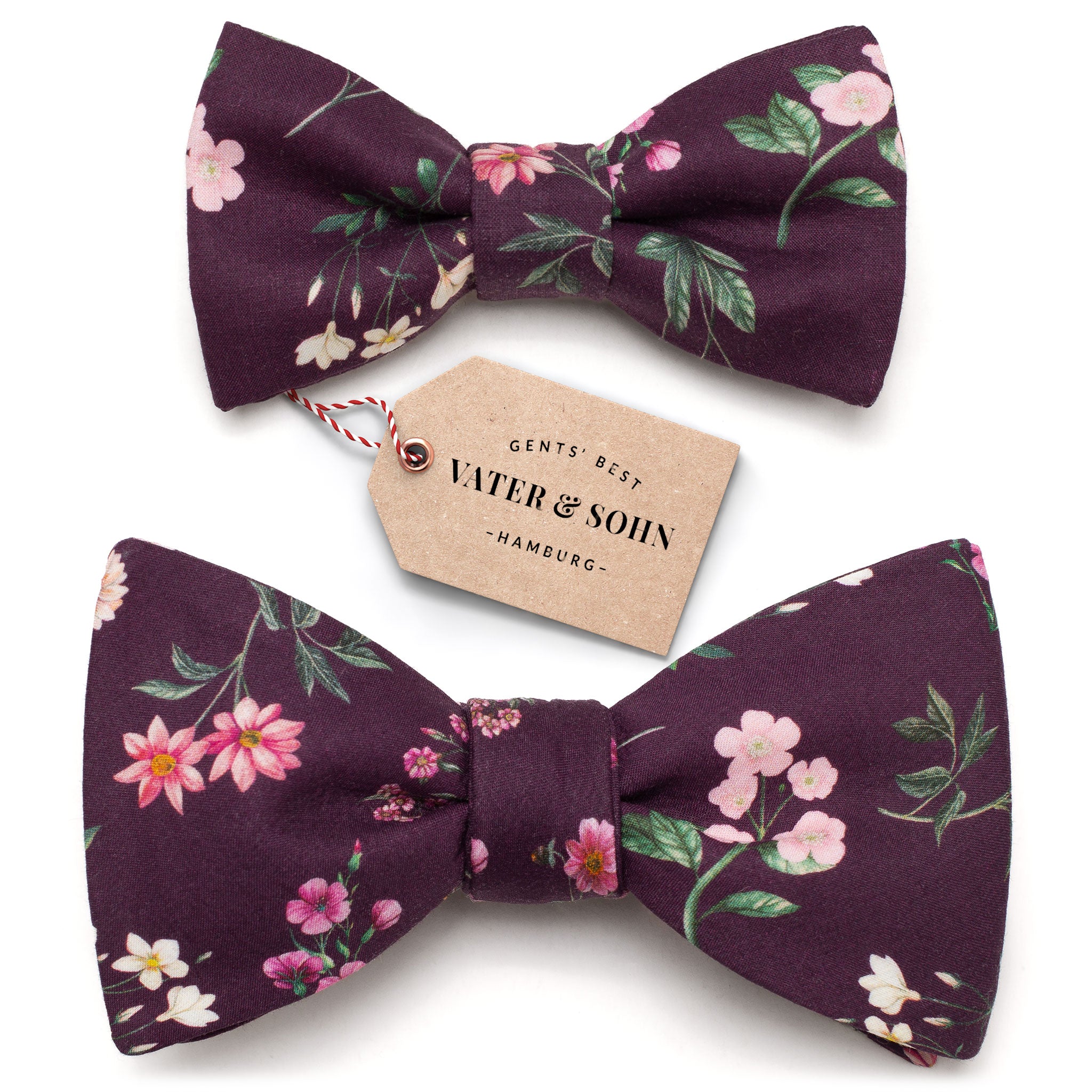 Set Kinderfliege und Herrenfliege Blumenmuster Bordeaux "Ludwig"