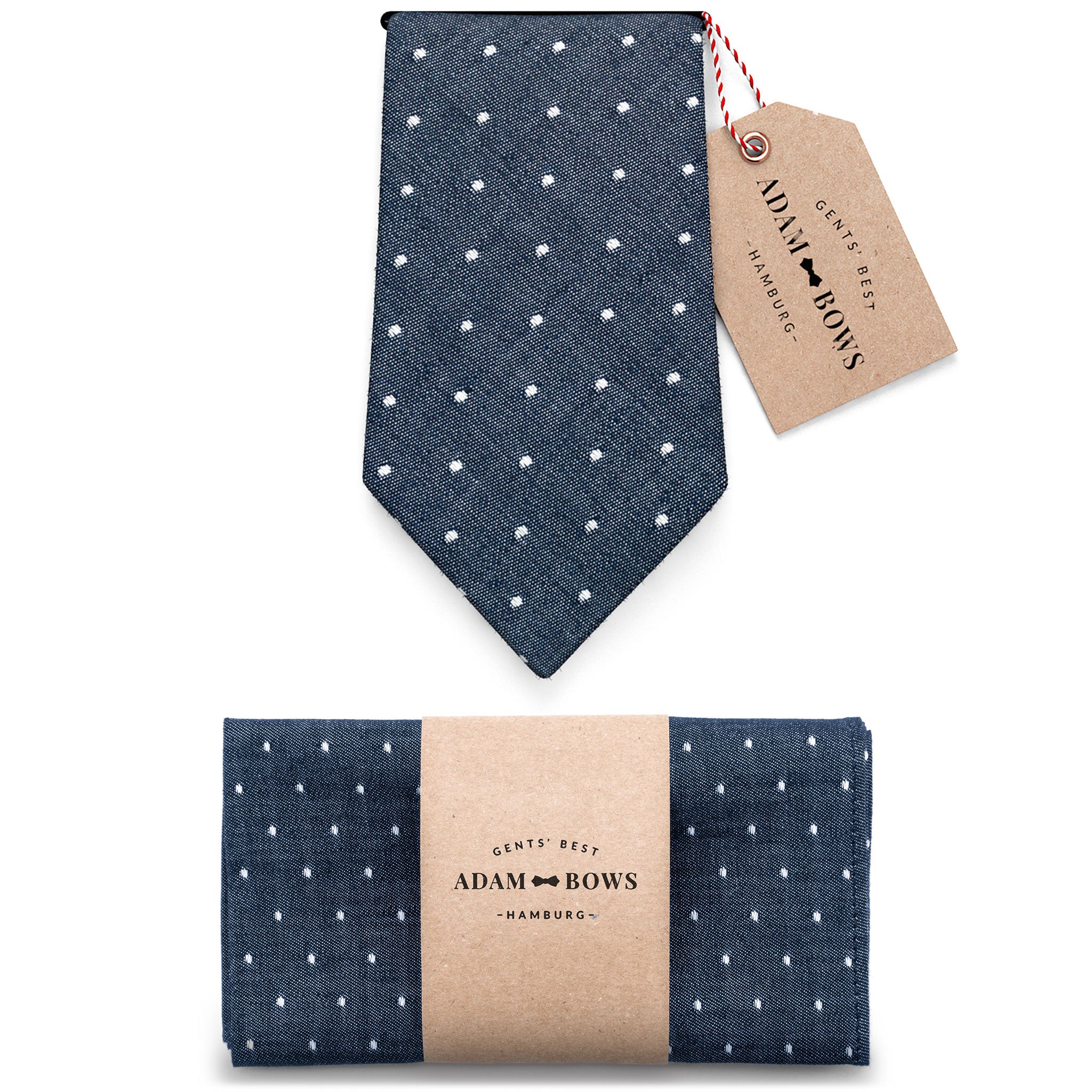 Set Krawatte und Einstecktuch Blau mit weißen Punkten "Winston"