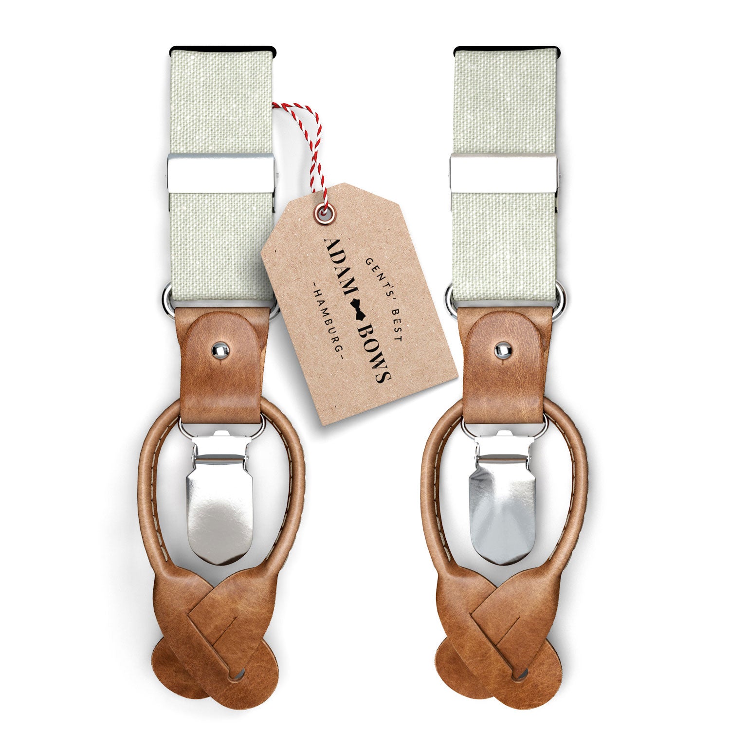 Pastell grüner Hosenträger aus Leinen "Herr Anton" mit braunen Leder-Details und Logo-Etikett von Adam Bows