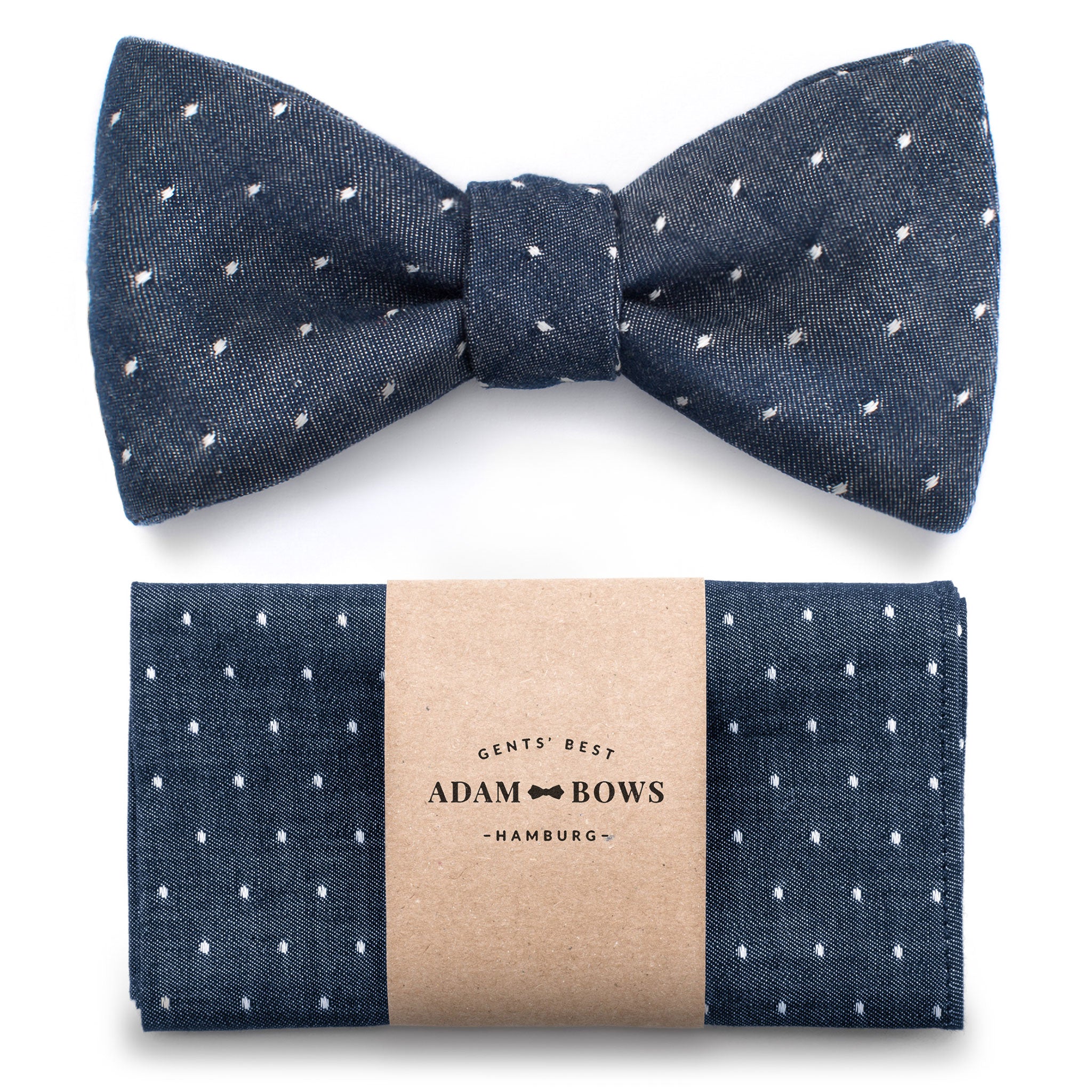 Set bow tie and pocket square in dark blue with white dots "Winston"