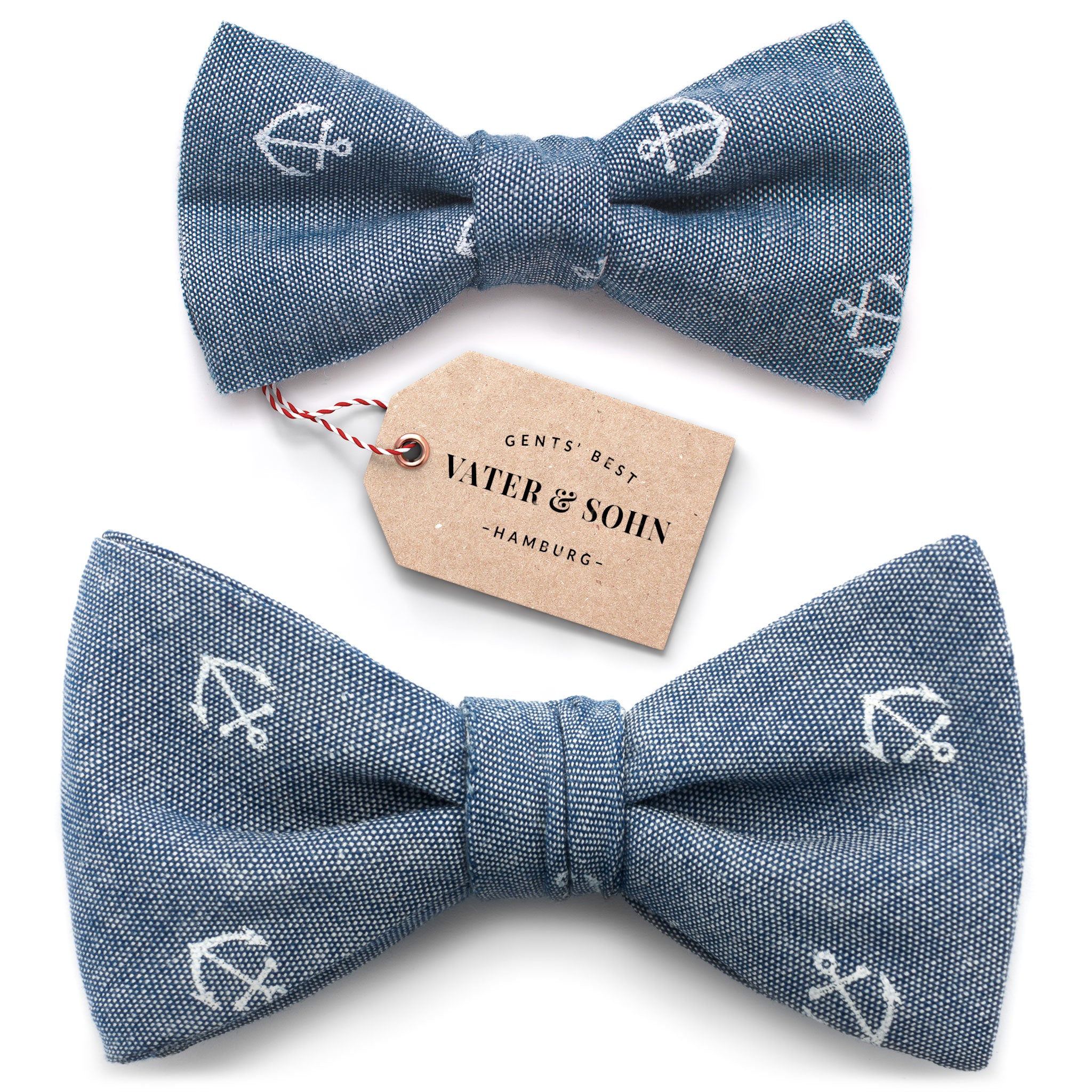 Set of children's bow ties and men's bow ties in blue with anchor "Hans"