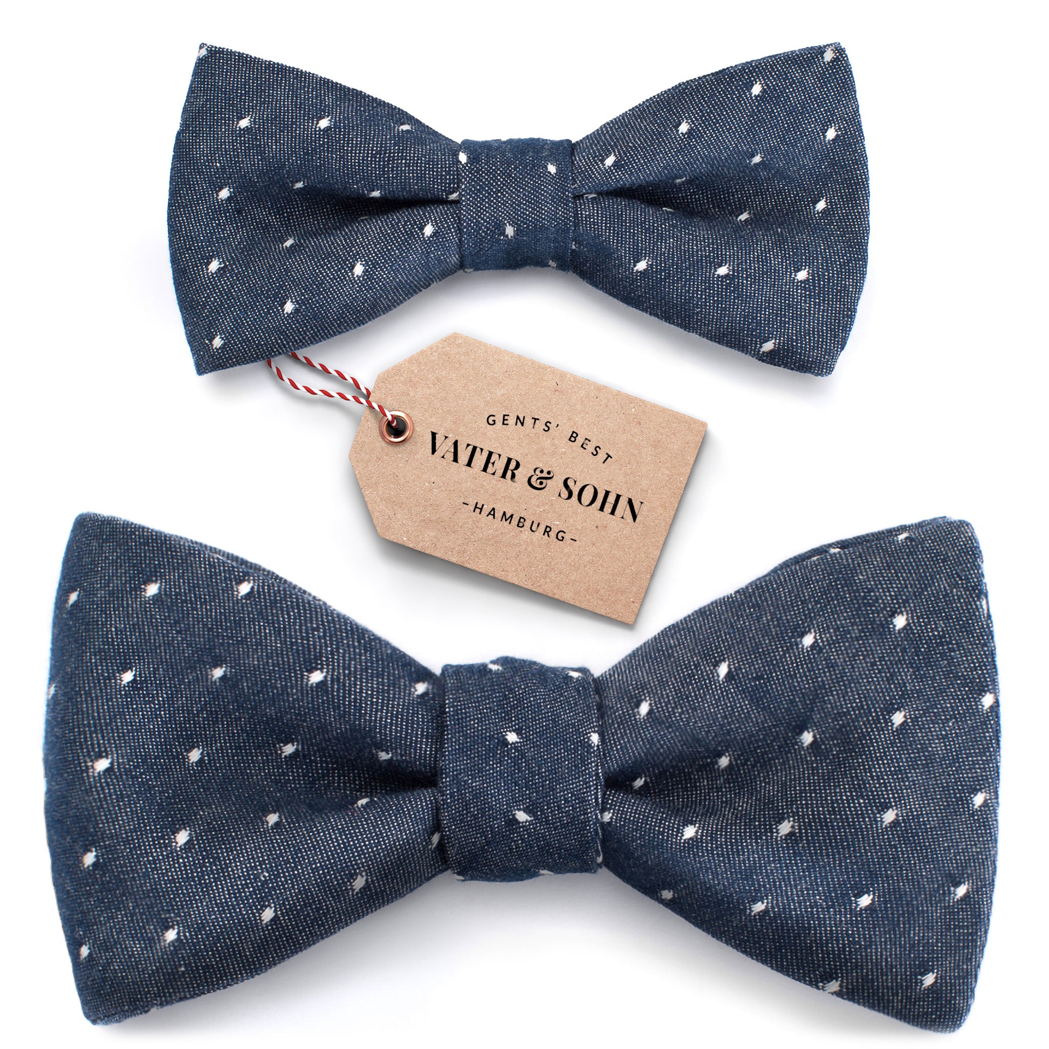 Set of children's bow ties and men's bow ties in dark blue with white dots "Winston"